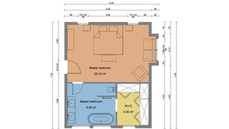 Distribución del dormitorio principal con dimensiones diseñadas con Cedreo