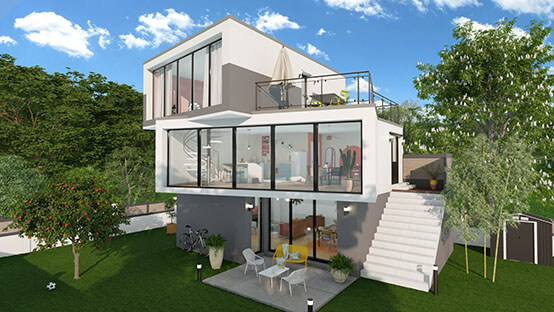 3D rendering - front facade of a modern house designed with Cedreo