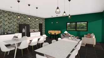 Office Kitchen and Dining Layout 3D rendering