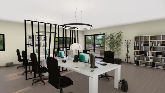 Photorealistic 3D rendering of open space office created with Cedreo