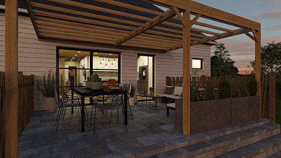 3D visual of a patio at night designed with Cedreo