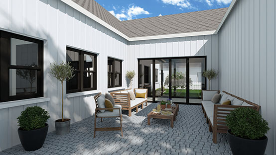 patio of house with white cladding designed with cedreo