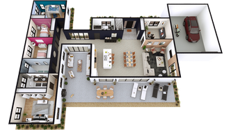 plano 3D de une casa de une planta con Cedreo