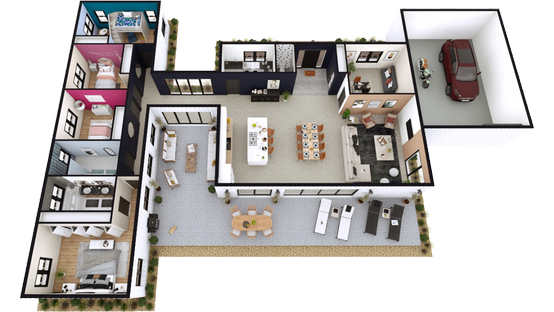 3D Floor with two bedrooms and American Kitchen 