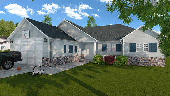 3D visual of a ranch house designed with Cedreo