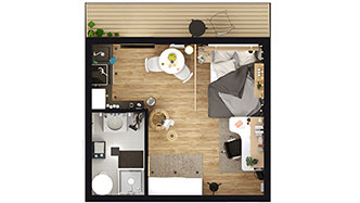 small studio apartment with space divider