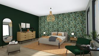 Render en 3D de un dormitorio con una pared de color diseñada con Cedreo