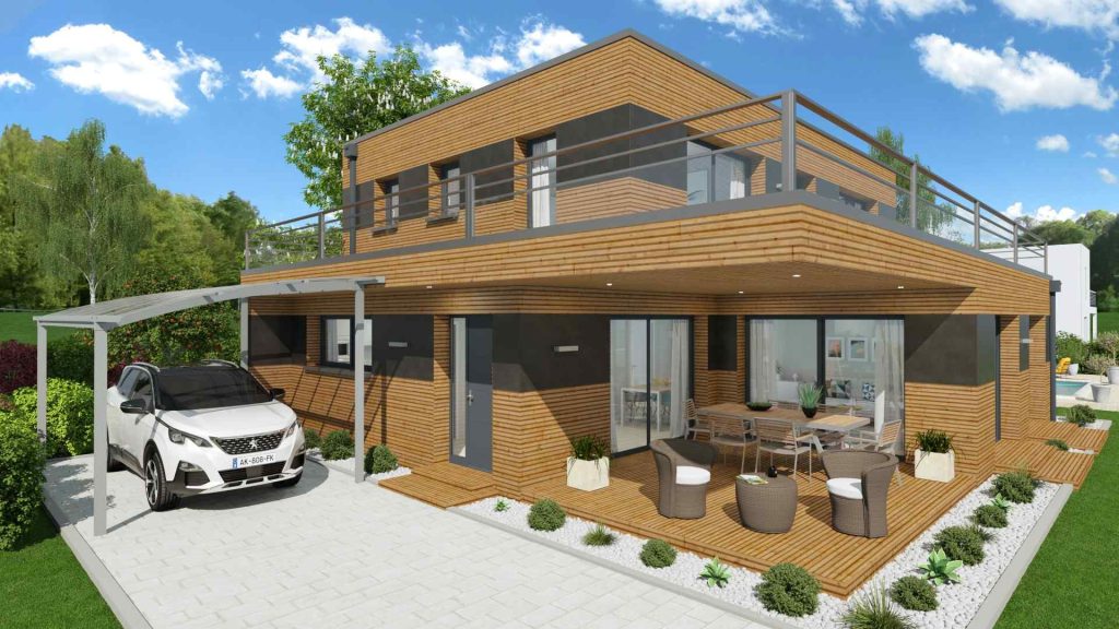 Visuel 3D maison en bois avec carport