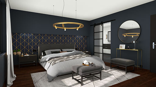 Dormitorio principal renderizado en 3D con muebles y decoración diseñados con Cedreo
