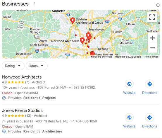 Google maps results for architect in Atlanta