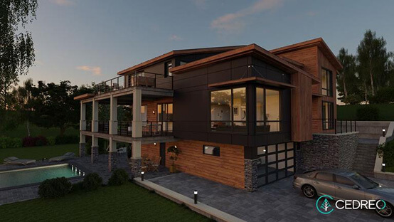 3D rendering of a modern house designed with Cedreo