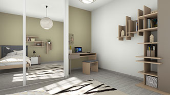 3D render of a bedroom with a desk designed with Cedreo