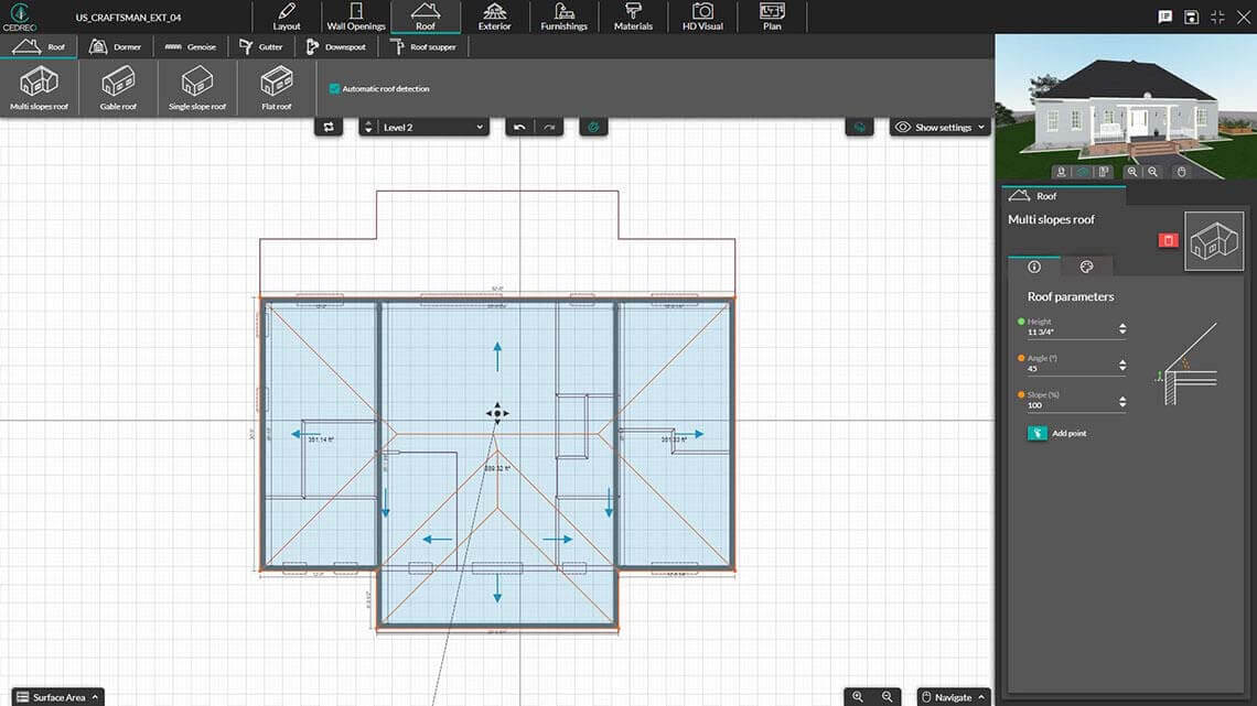 Screenshot automatic roof in Cedreo