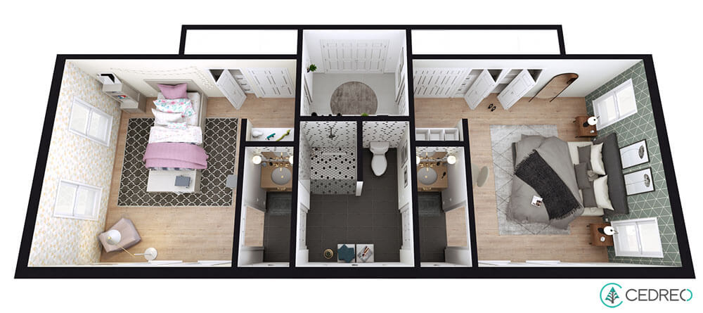 Jack & Jill bathroom 3D floor plan designed with Cedreo