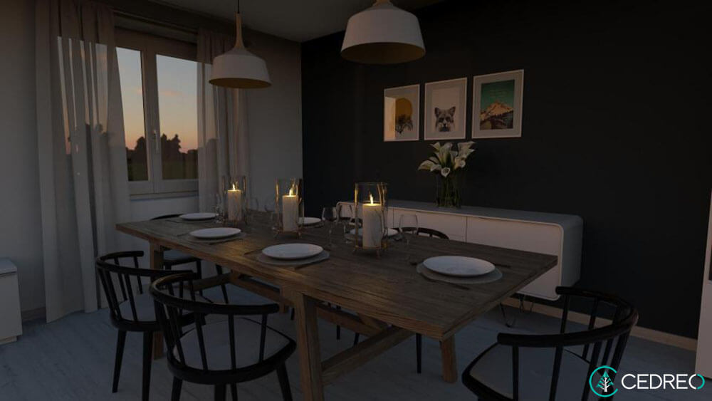 Dining room 3D render at night designed with Cedreo