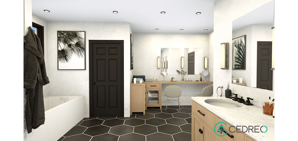Interior rendering of a remodeled bathroom.