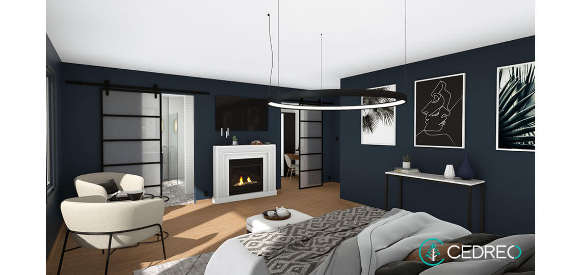 Interior rendering of a modern bedroom with a built-in fireplace