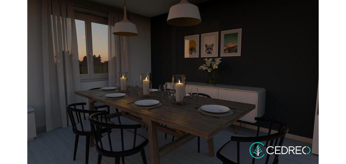 3D visual of a dining room at night designed with Cedreo