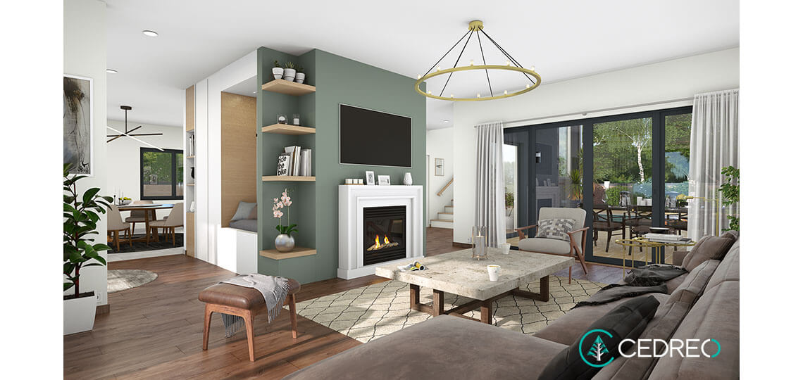 Interior rendering of a furnished living room with view through to the back patio