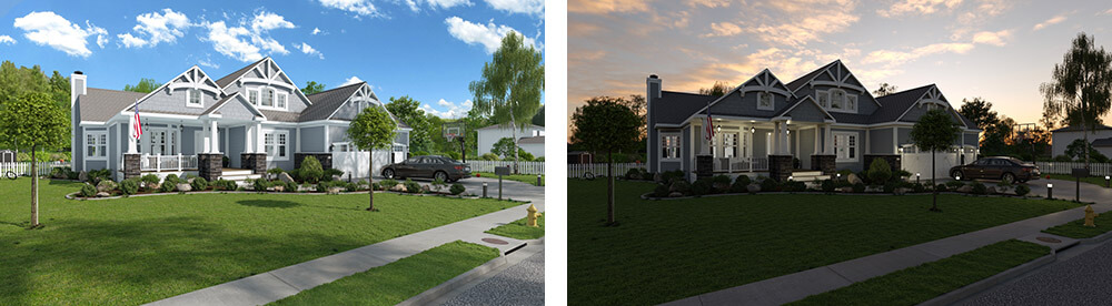 exterior renderings day and night views