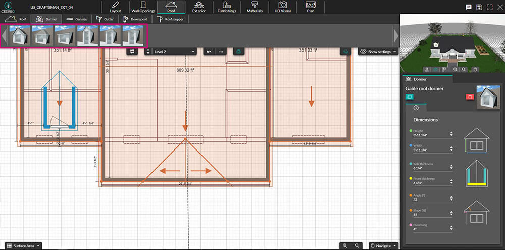 Cedreo UI shot customize roof design