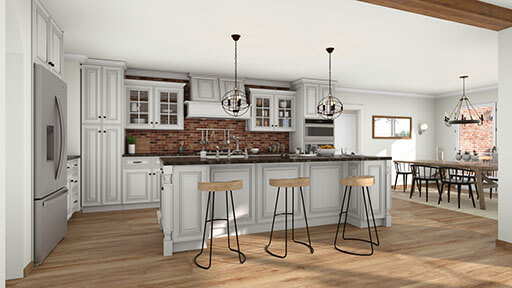 Kitchen 3D render with several surface coverings designed with Cedreo