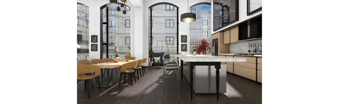 Doppelte Höhe Küche und Esszimmer in 3D mit Cedreo gestaltet