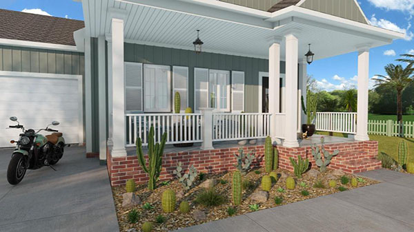 3D rendering covered porch with cacti and motorbike