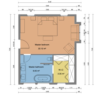 Plano 2D del dormitorio principal con dimensiones diseñado con Cedreo
