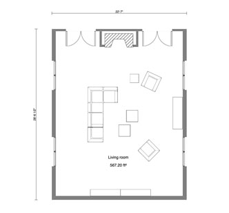 Plano 2D de la sala de estar con medidas diseñado con Cedreo