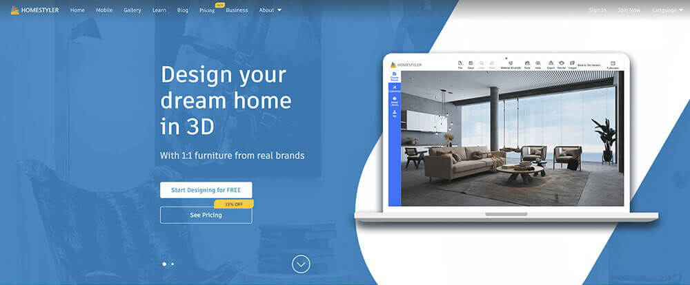 Screenshot of Homestyler home page