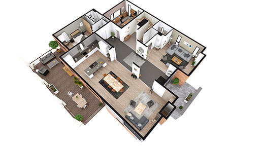 3D floor plan of one level of a modern house designed with Cedreo