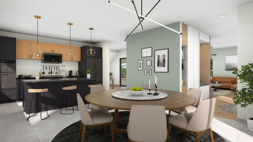 3D rendering of a kitchen open to a dining room designed with Cedreo