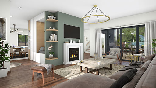 Living room 3D render with lifelike objects designed with Cedreo