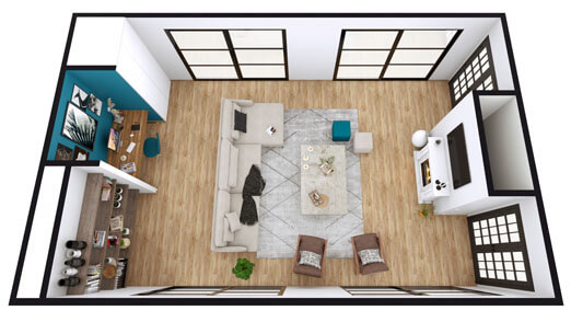 Mit Cedreo erstellte Visualisierung eines Wohnzimmers