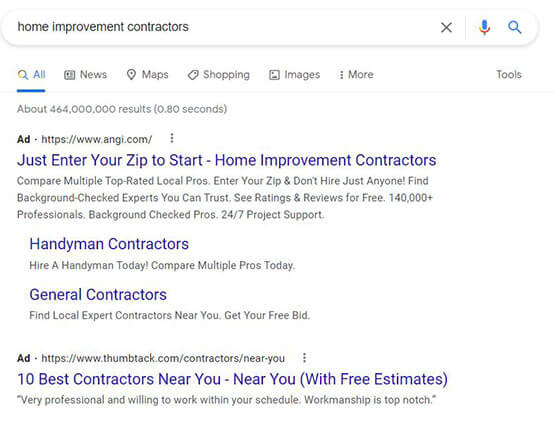 Example Paid ads display at the top of search results. 