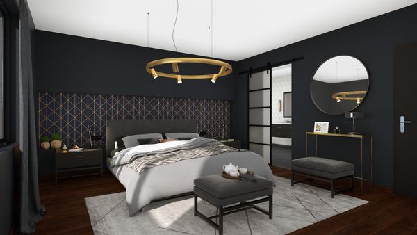 Master bedroom dark layout 3D rendering made with Cedreo