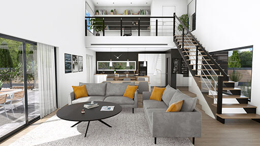 3D visual of a living room with office on the mezzanine