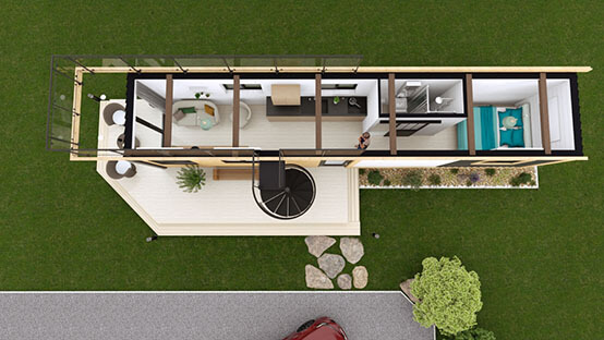 Plano en 3D de una casa contenedor diseñada con Cedreo