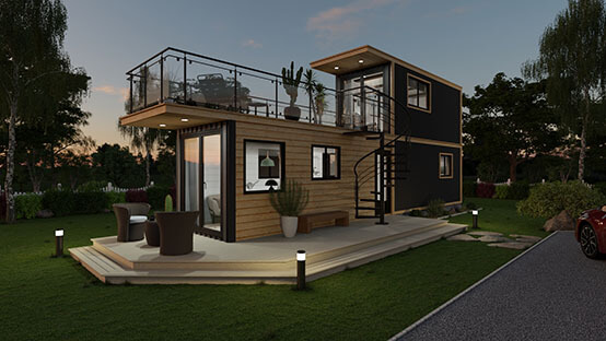 Exterior rendering by night of a tiny house designed with Cedreo