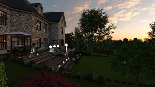 Landscape design - 3D rendering of a garden at night with lights designed with Cedreo