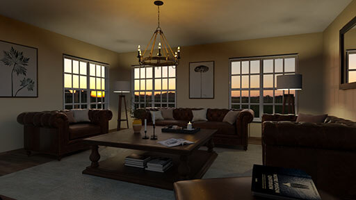 3D rendering of a living room at night generated with Cedreo