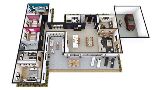 3D floor plan of a Ranch house designed with Cedreo
